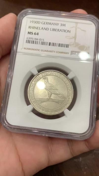 《竞宝斋》第80场-本周日，周一 2场连拍（全场不限金额包邮） NGC-MS64 德国魏玛共和国 1930-D年 鹰桥 3马克银币 顶级品相 少见品种