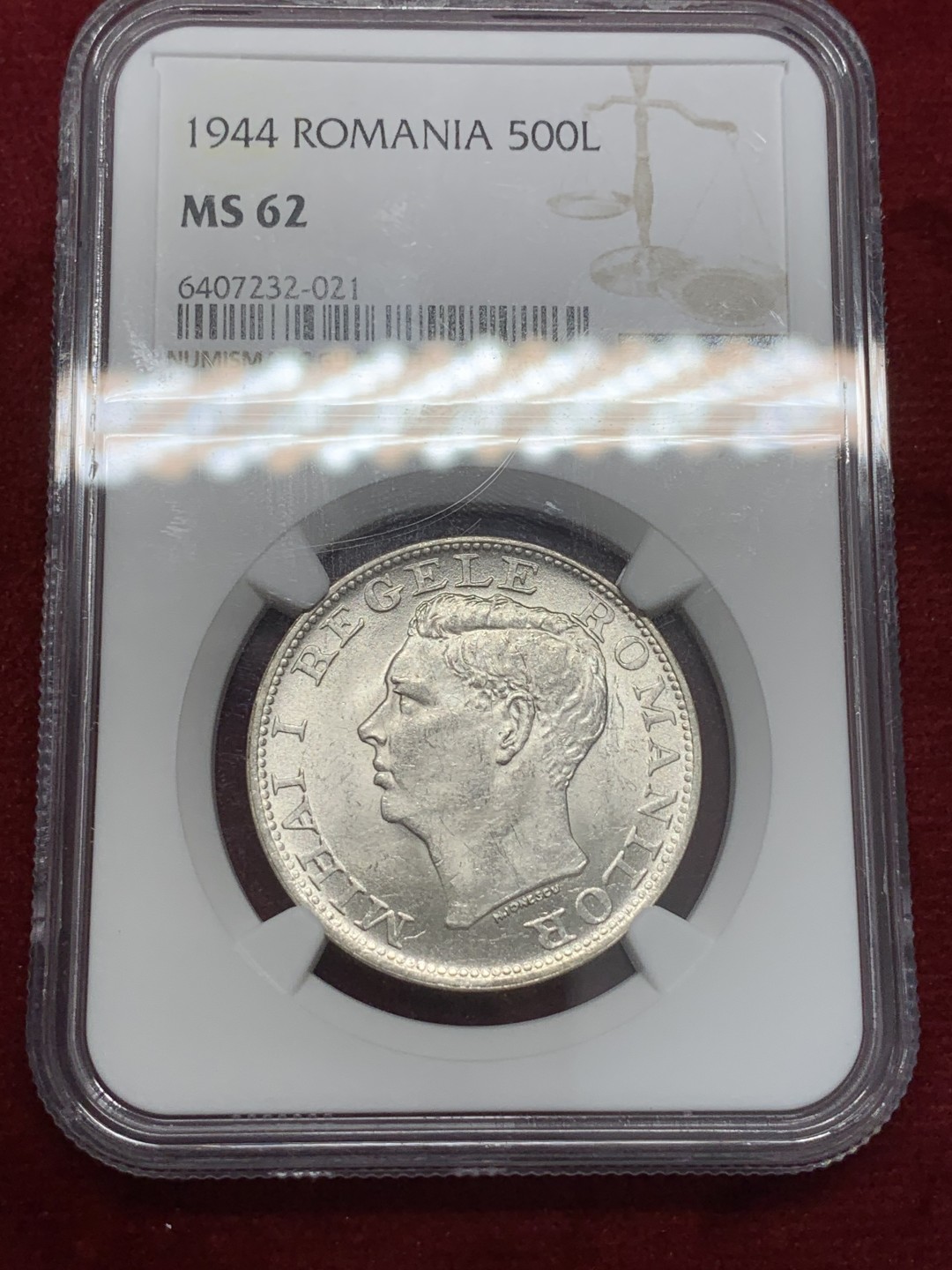 《竞宝斋》第80场-本周日，周一 2场连拍（全场不限金额包邮） NGC-MS62 罗马尼亚 1944年 500列伊 银币 最近涨得很快热门品种