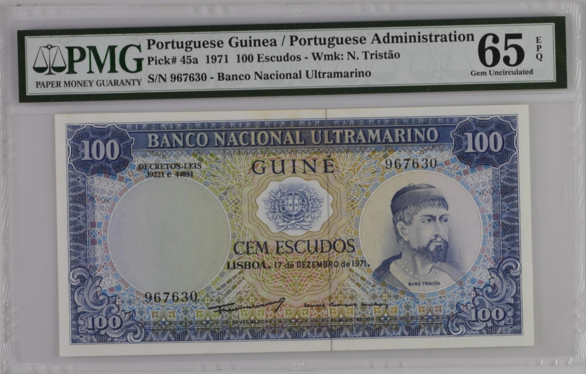 收藏联盟Quantum Auction 第181期拍卖 葡属几内亚1971年100埃斯库多 PMG65