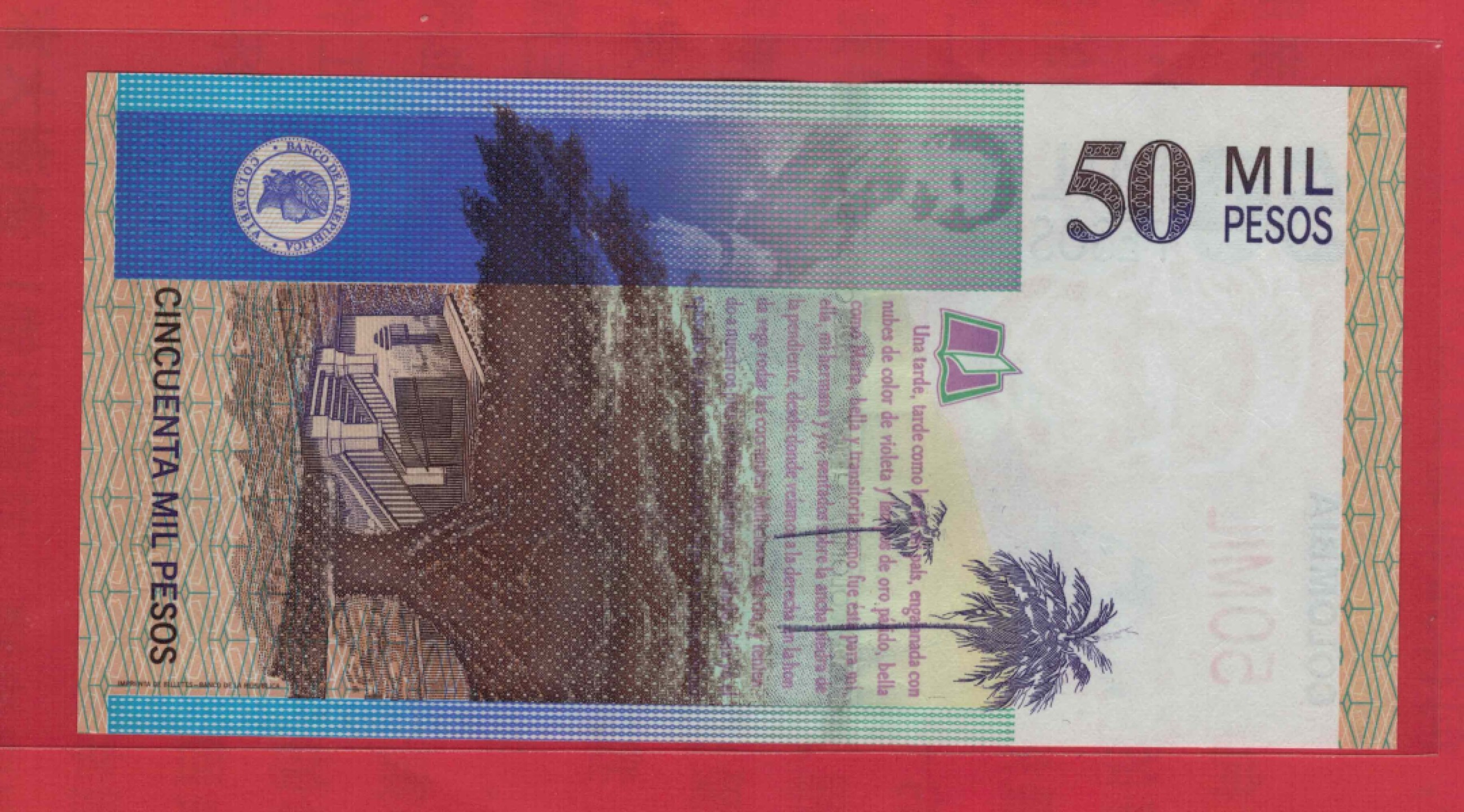 哥伦比亚2002年50000比索 双尾88 实物如图 UNC    