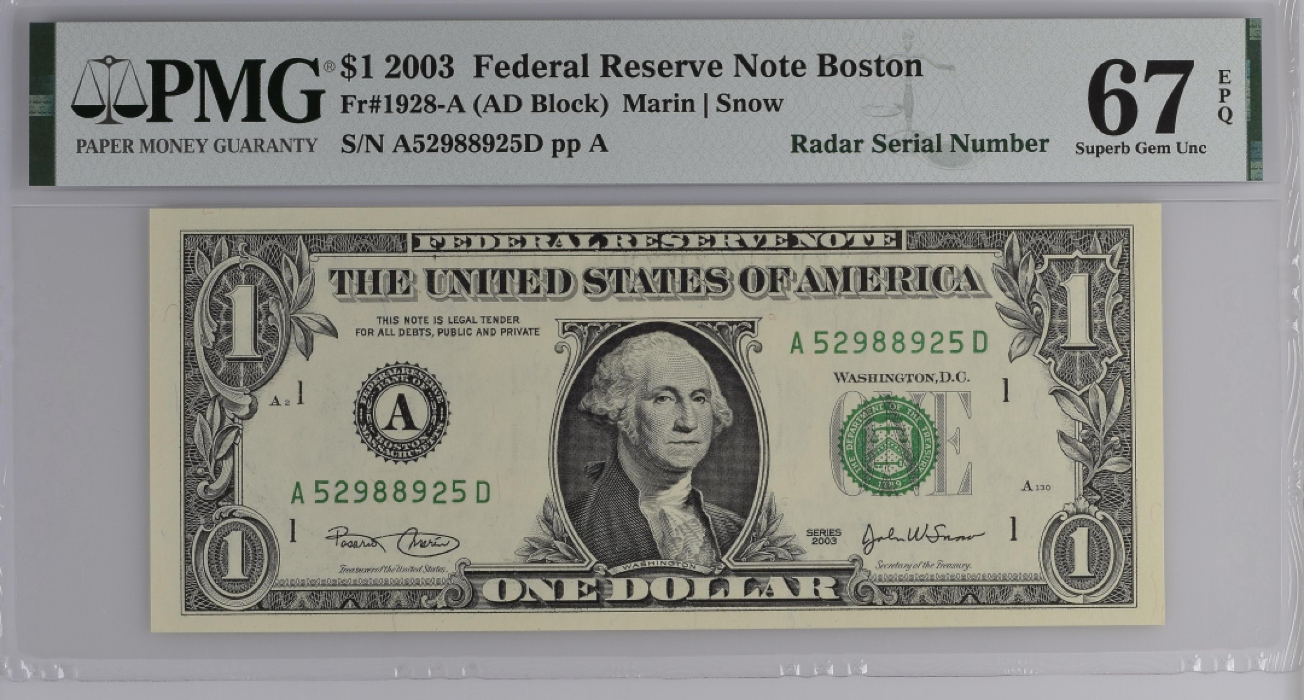 收藏联盟Quantum Auction 第181期拍卖 美国2003年1元 PMG67 雷达号 不带347