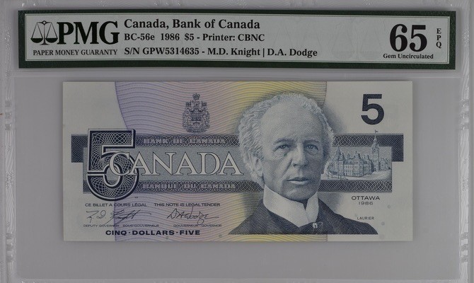 收藏联盟Quantum Auction 第181期拍卖 加拿大1986年5元 PMG65 蓝带翠鸟