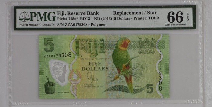 收藏联盟Quantum Auction 第181期拍卖 斐济2013年5元 PMG66 补号 塑料币