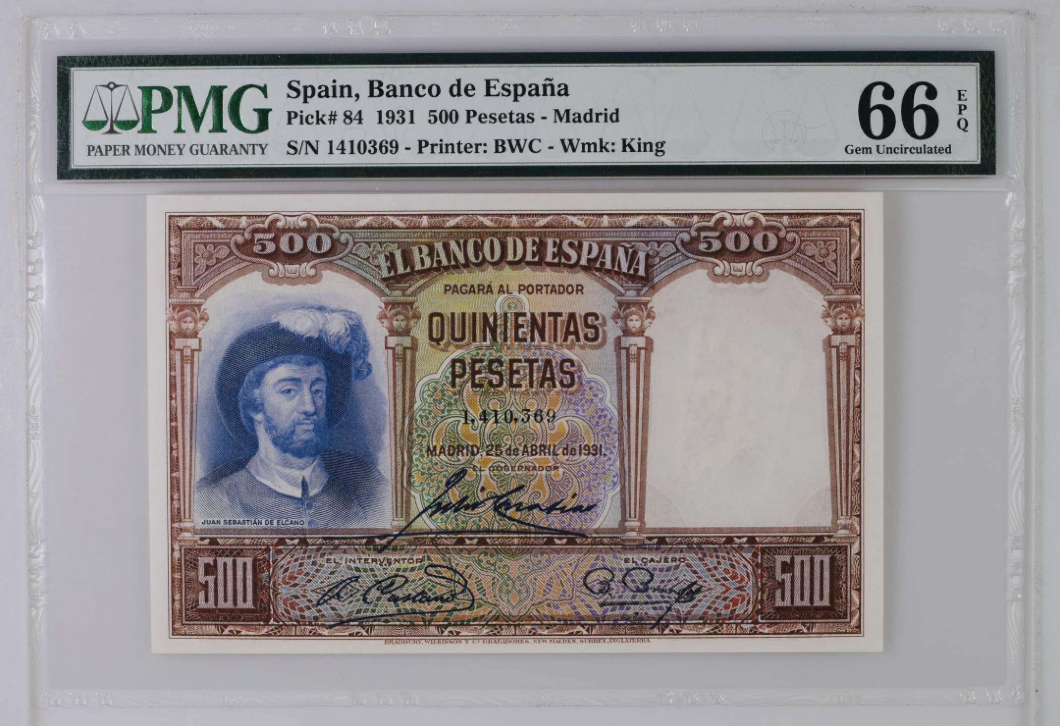 收藏联盟Quantum Auction 第181期拍卖 西班牙1931年500比塞塔 PMG66 