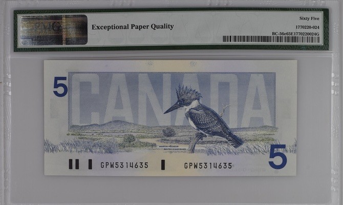 收藏联盟Quantum Auction 第181期拍卖 加拿大1986年5元 PMG65 蓝带翠鸟