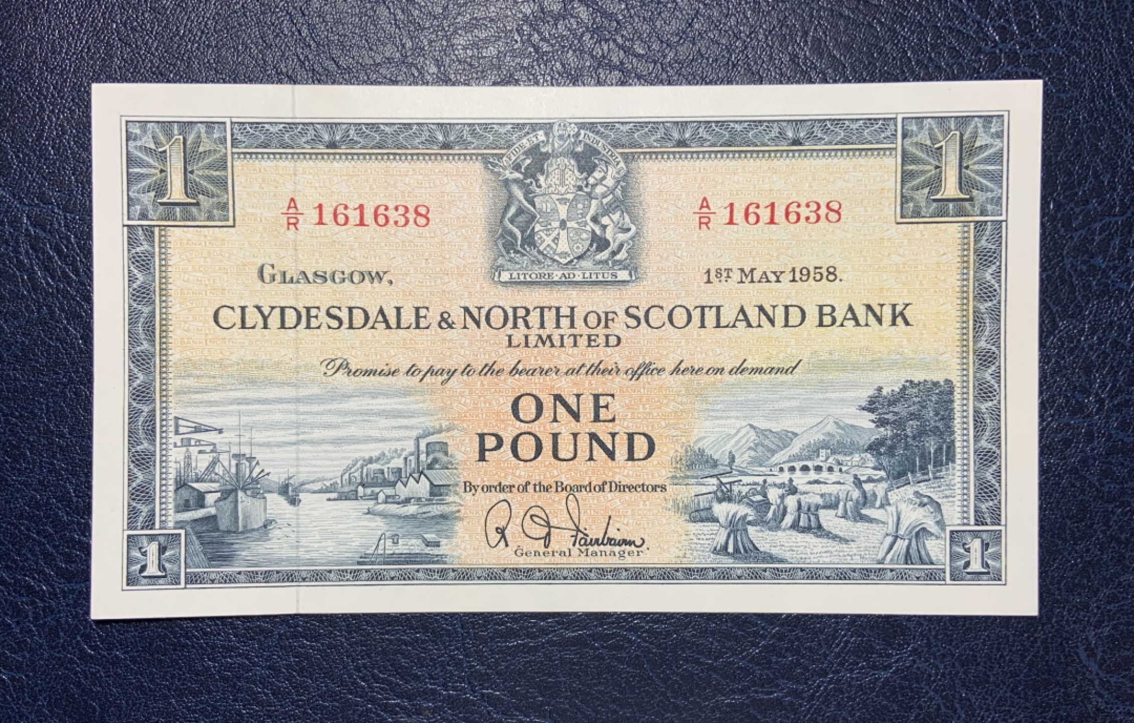 收藏联盟Quantum Auction 第182期拍卖 苏格兰1958年三行联合发行1镑 品相AU 轻微中折 pmg58e剪壳裸币