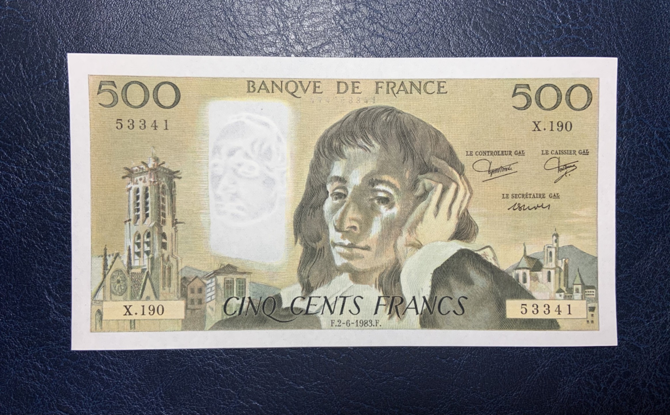 收藏联盟Quantum Auction 第182期拍卖 法国1983年500法郎 品相AU 无针孔 物理学家帕斯卡