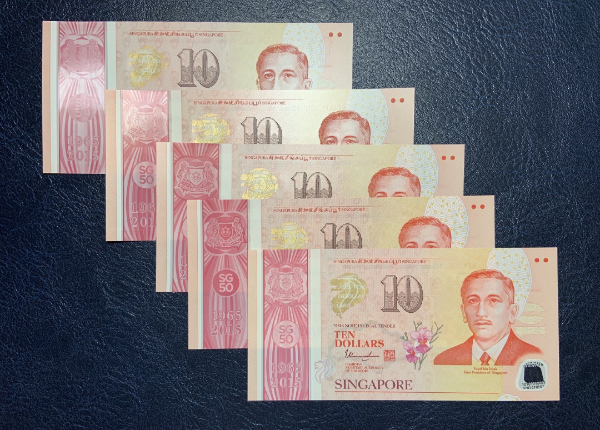 收藏联盟Quantum Auction 第182期拍卖 新加坡2015年建国50周年纪念钞10元一套5张 品相全新UNC 塑料钞