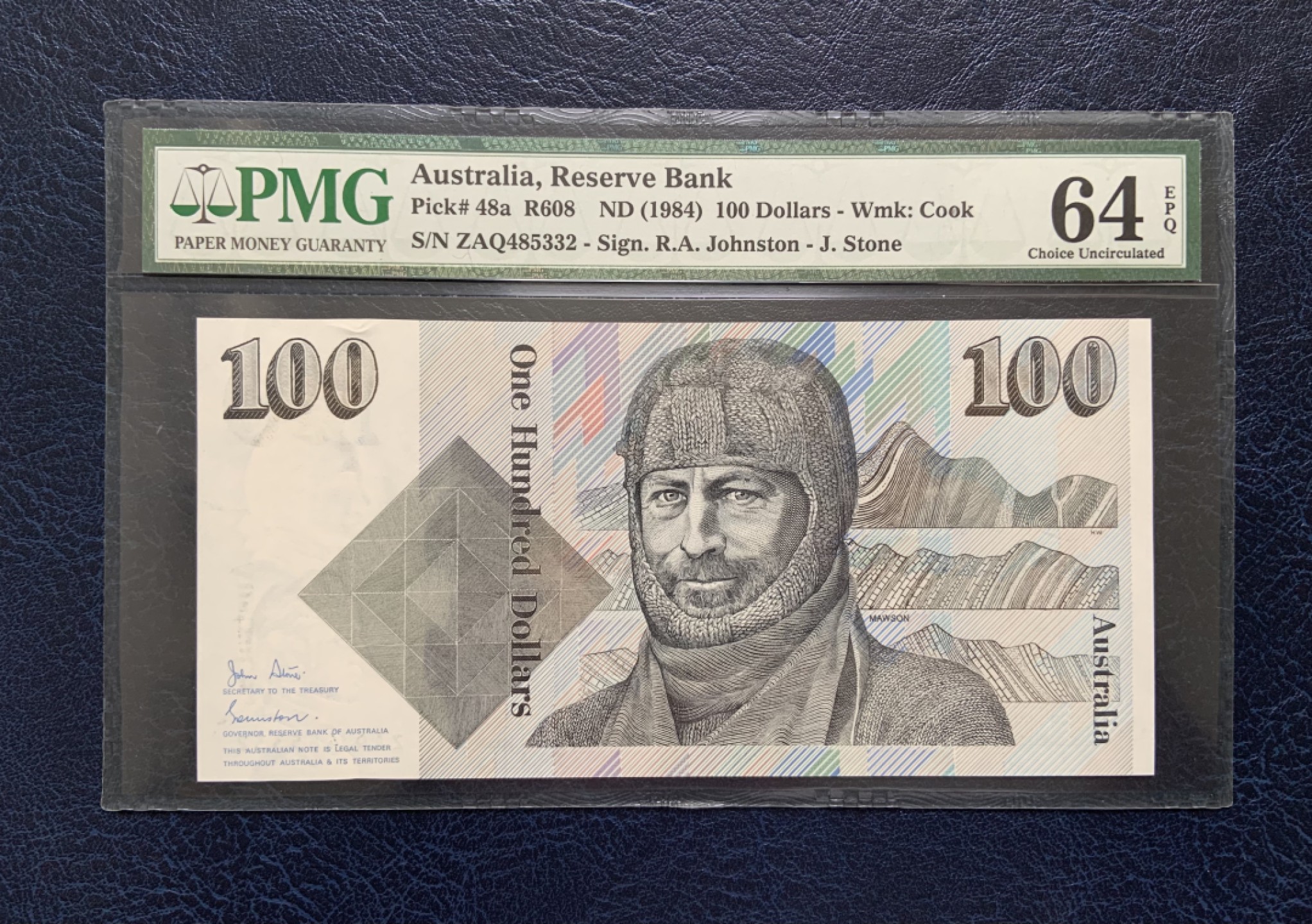 收藏联盟Quantum Auction 第182期拍卖 澳大利亚1984年100元 PMG64e 初版毛线球 道格拉斯.莫森爵士