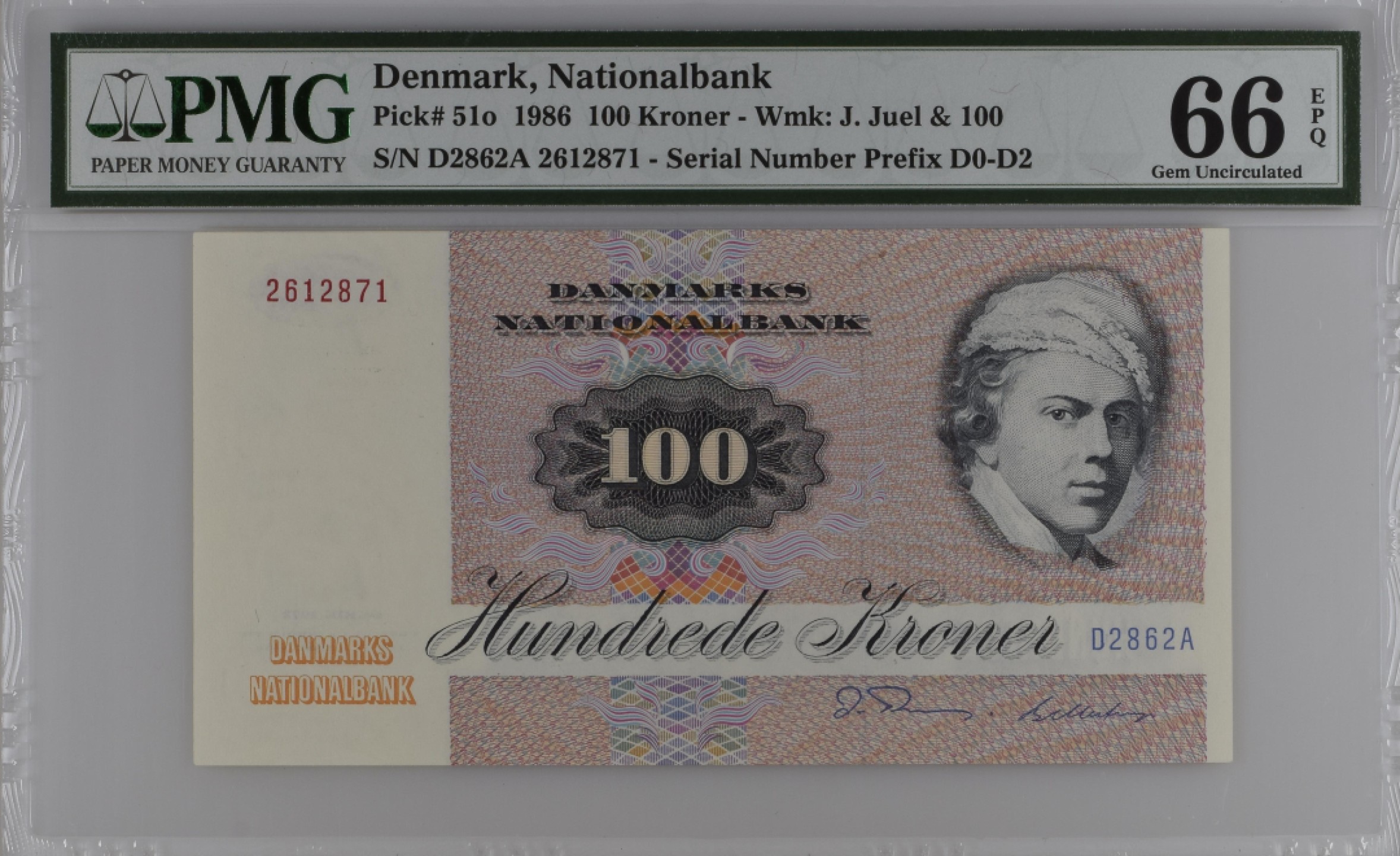 收藏联盟Quantum Auction 第182期拍卖 丹麦1986年100克朗 PMG66 帅哥画家与飞蛾