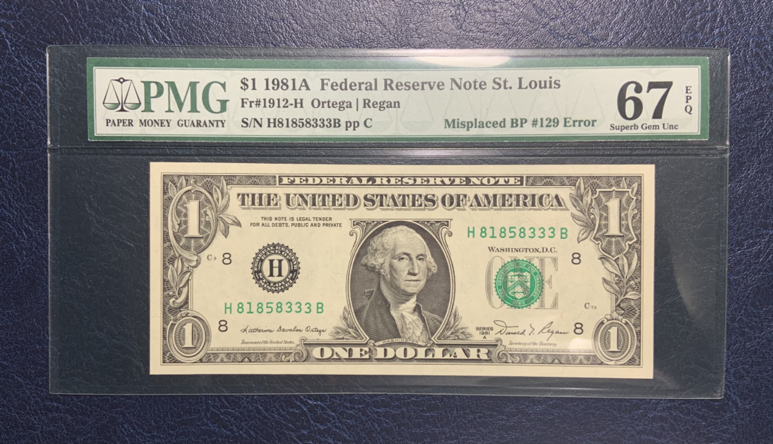 收藏联盟Quantum Auction 第182期拍卖 美国1981年1美元 PMG67 豹子号且为错钞 稀少