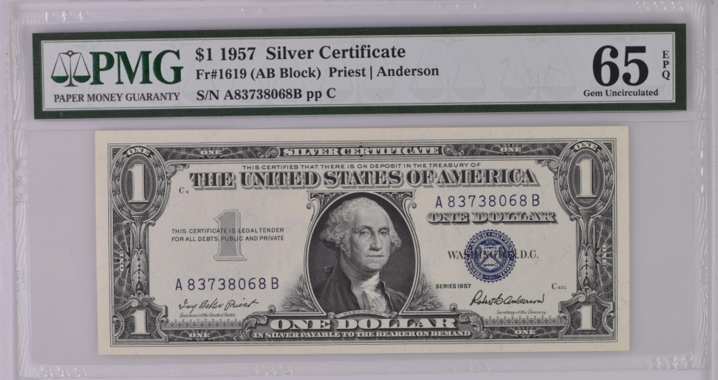 收藏联盟Quantum Auction 第182期拍卖 美国1957年1元 PMG65 银币券