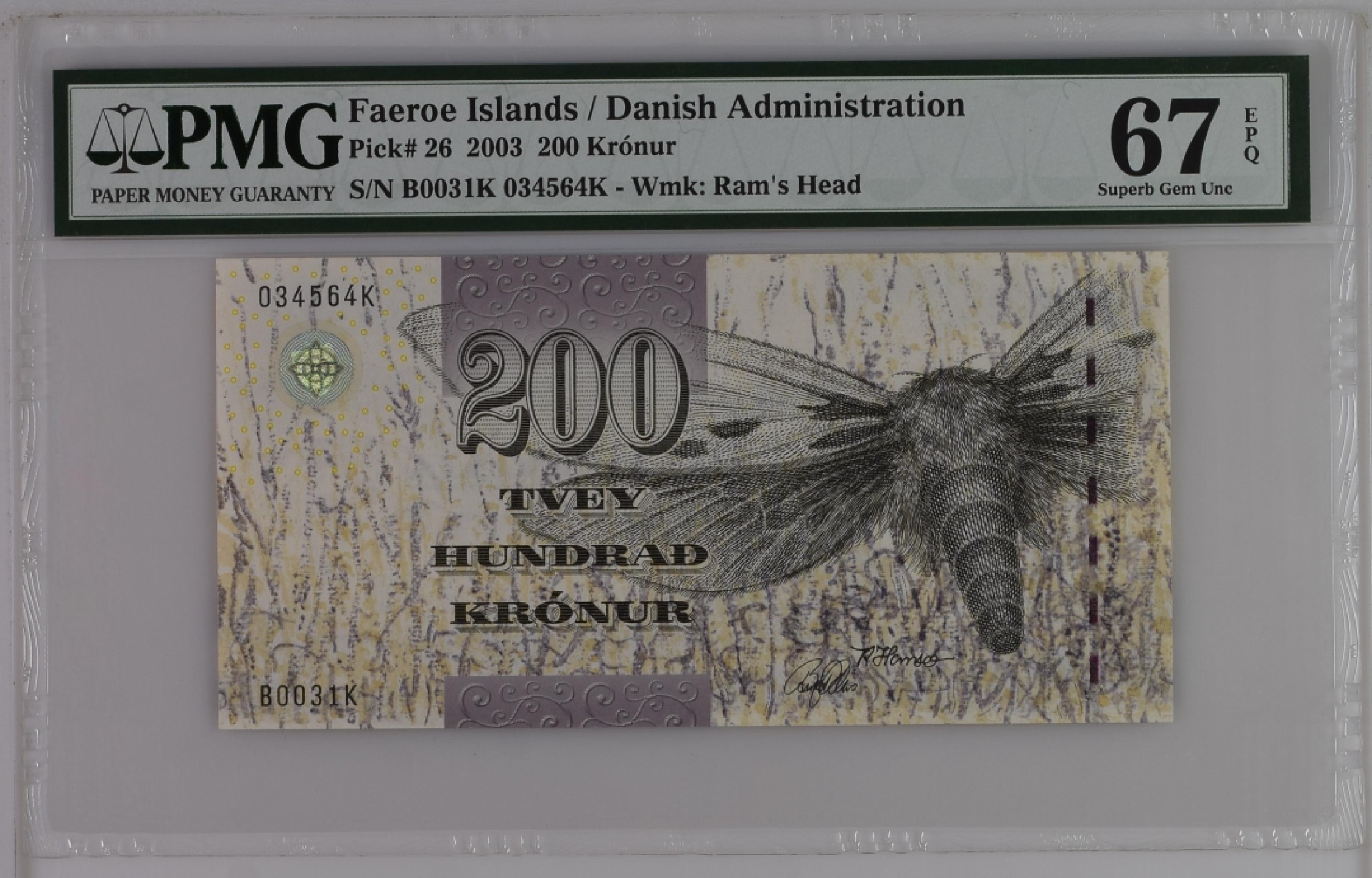 收藏联盟Quantum Auction 第182期拍卖 法罗群岛2003年200克朗 PMG67 初版大飞蛾