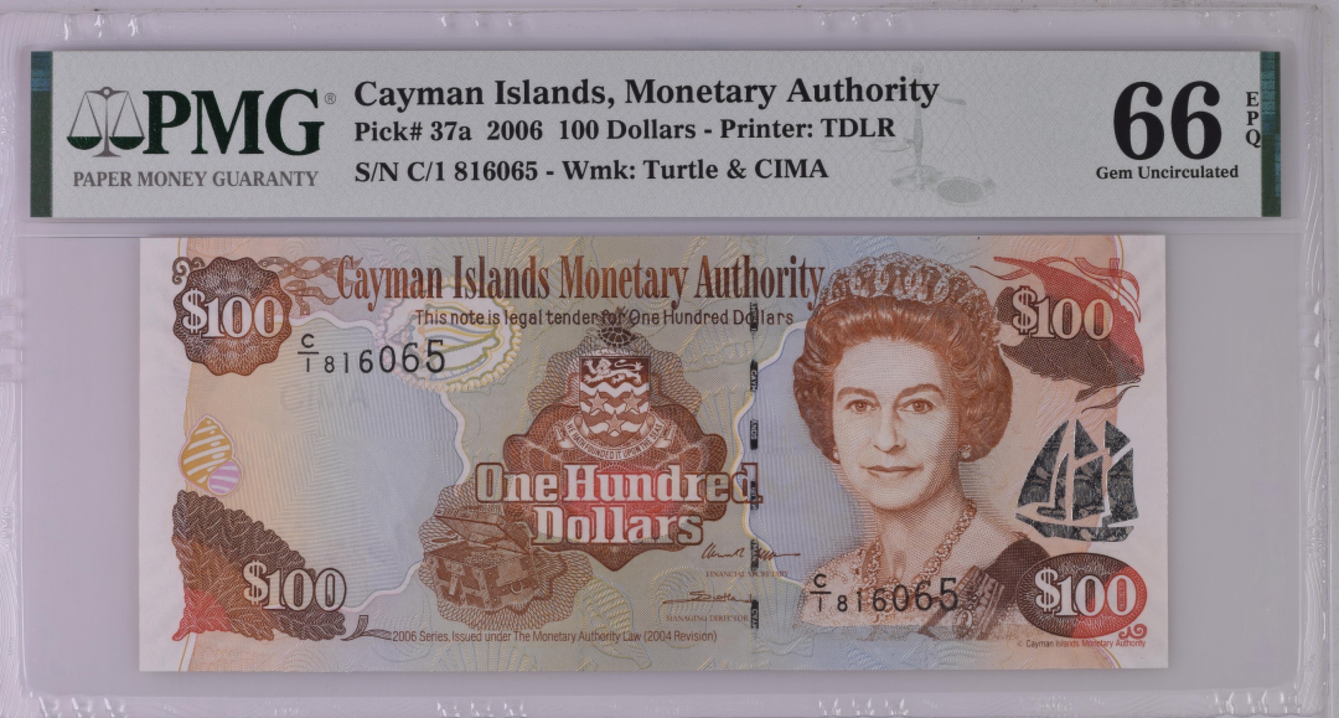 收藏联盟Quantum Auction 第182期拍卖 开曼群岛2006年100元 PMG66 第四大离岸金融中心和潜水胜地