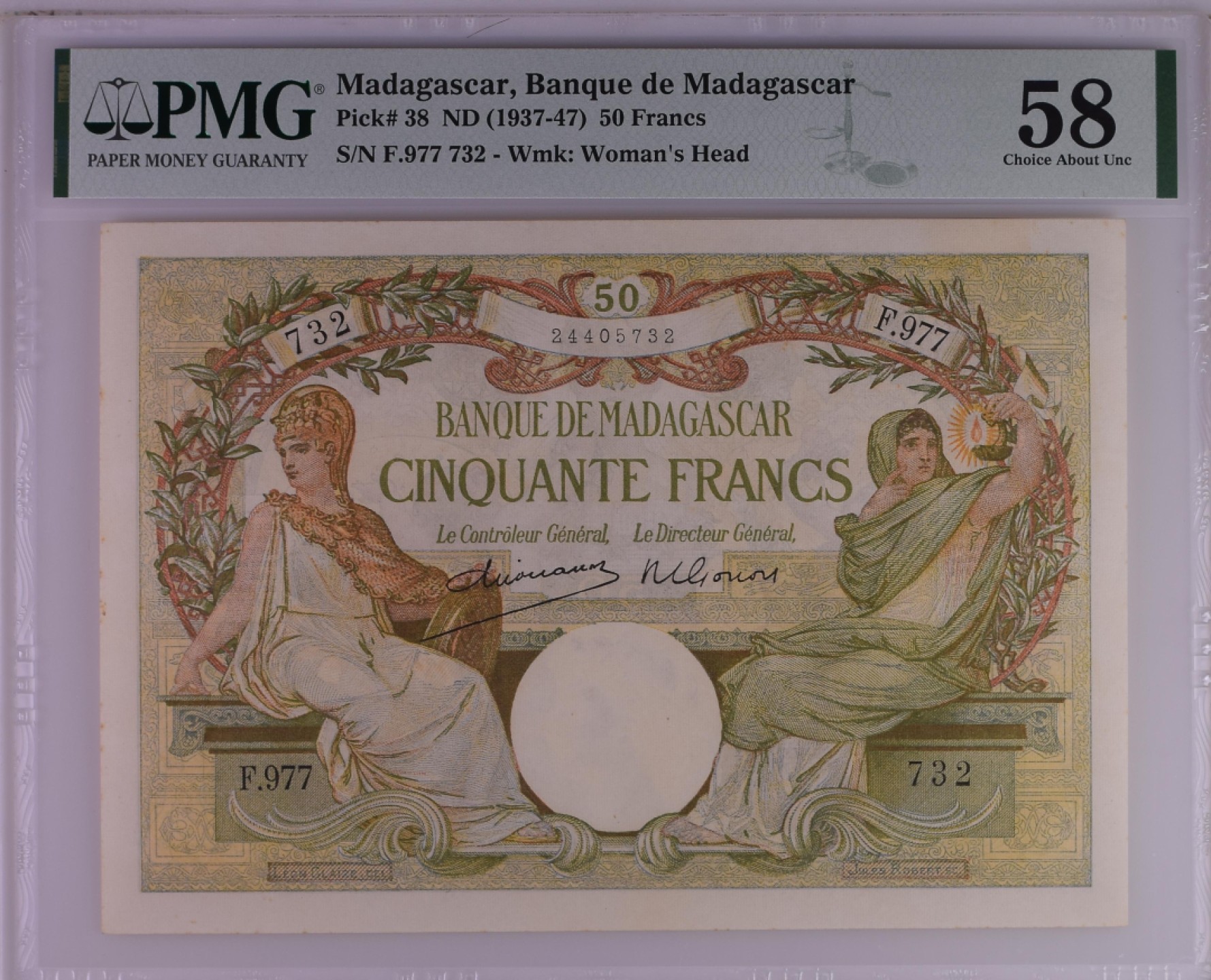 收藏联盟Quantum Auction 第182期拍卖 马达加斯加1937-1947年50法郎 PMG58 十分稀少 大票幅