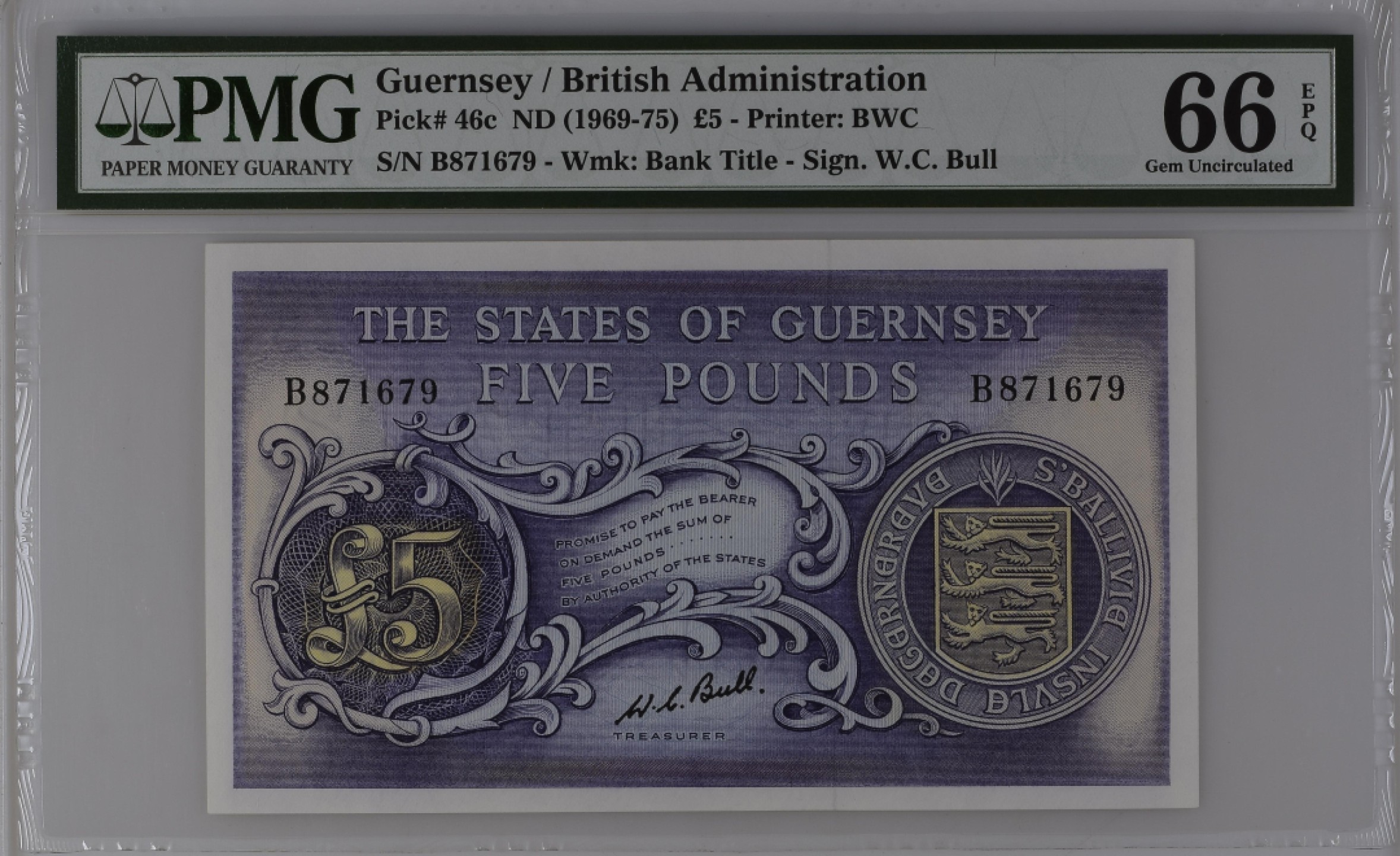 收藏联盟Quantum Auction 第182期拍卖 格恩西1969-1975年5镑 PMG66 BWC彩背