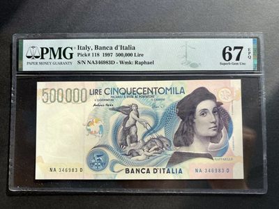 【Blue Auction】✨世界纸币精拍第210期【精】 - 意大利 1997年50万里拉 经典拉斐尔 PMG67EPQ