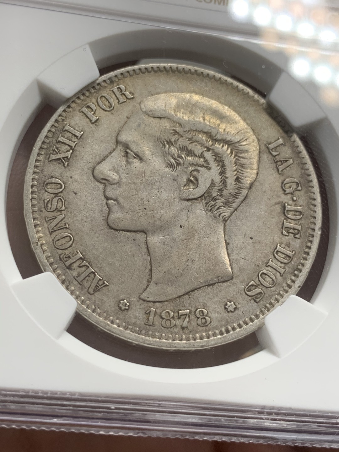 《竞宝斋》第82场-本周日，周一，周四3场拍卖（全场不限金额包邮） NGC-XF45 西班牙1878年 阿方索十二世 双柱5比塞塔大银币 原味好品 更高分的也就个位数而已