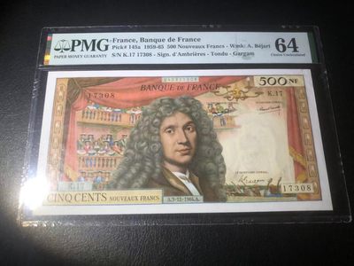【Blue Auction】✨世界纸币精拍第211期——欧罗巴盛宴【精】 - 【a版】法国 1959-65年500新法郎 PMG64 经典莫里哀 精美