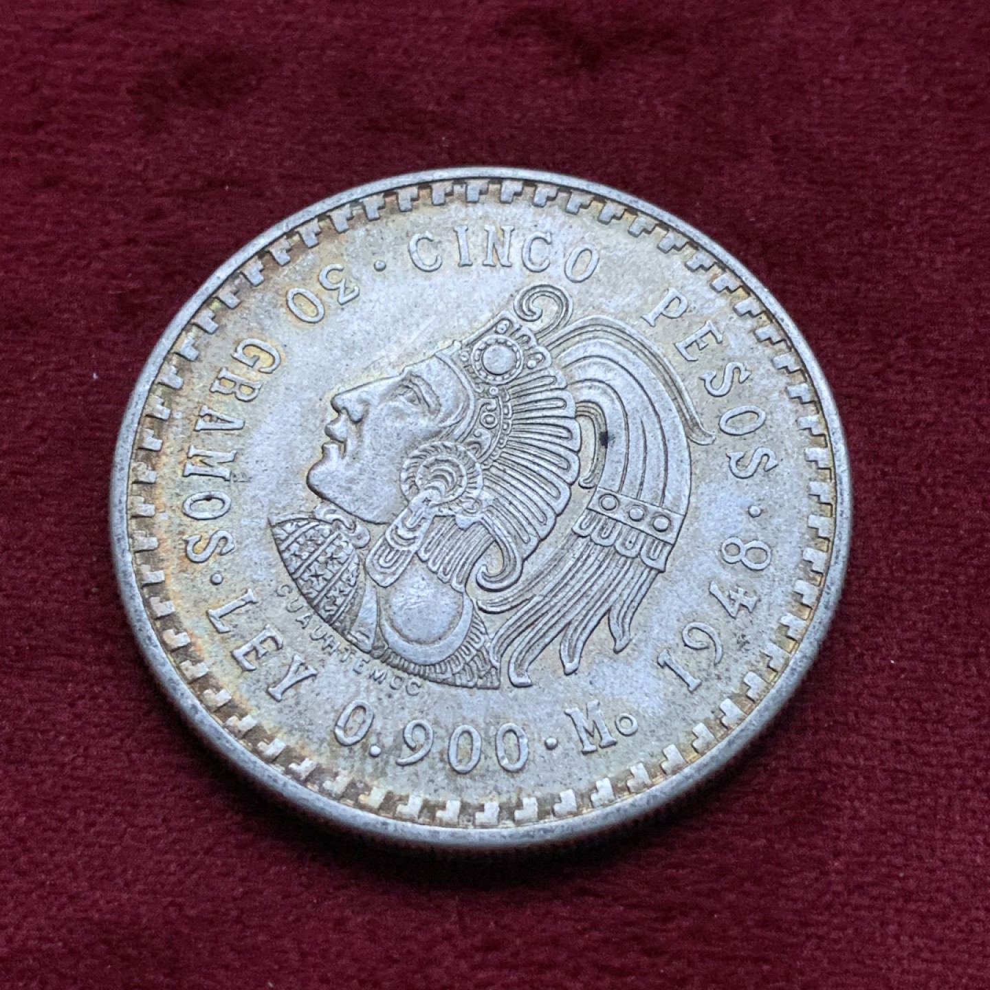 《竞宝斋》第82场-本周日，周一，周四3场拍卖（全场不限金额包邮） 墨西哥 1948年 印第安人头像 5比索 带光大银币 五彩包浆 30克 90%银