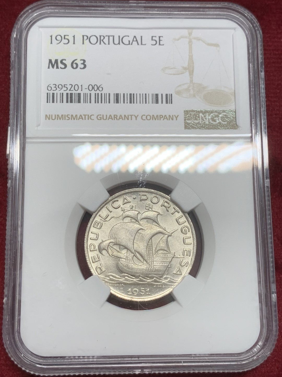 《竞宝斋》第82场-本周日，周一，周四3场拍卖（全场不限金额包邮） NGC-MS63 葡萄牙1951年 大帆船5埃斯库多银币 原光好品