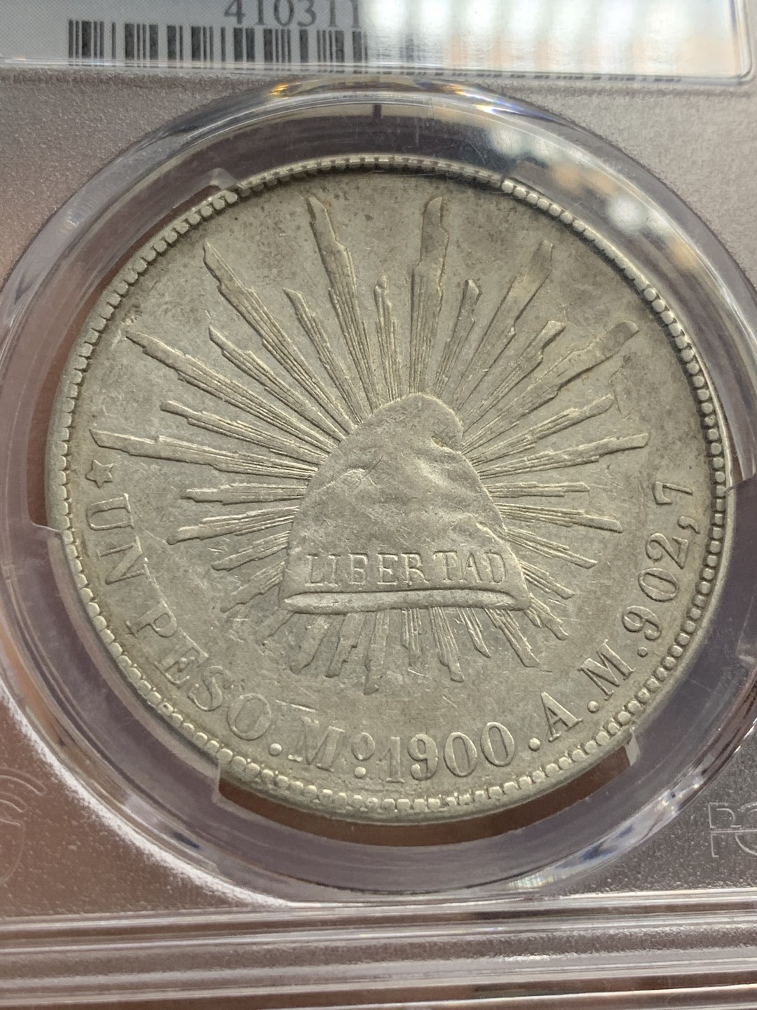 《竞宝斋》第82场-本周日，周一，周四3场拍卖（全场不限金额包邮） PCGS AUD 墨西哥 1900年 直边 鹰洋 银币 细节不错，可惜背面有小伤