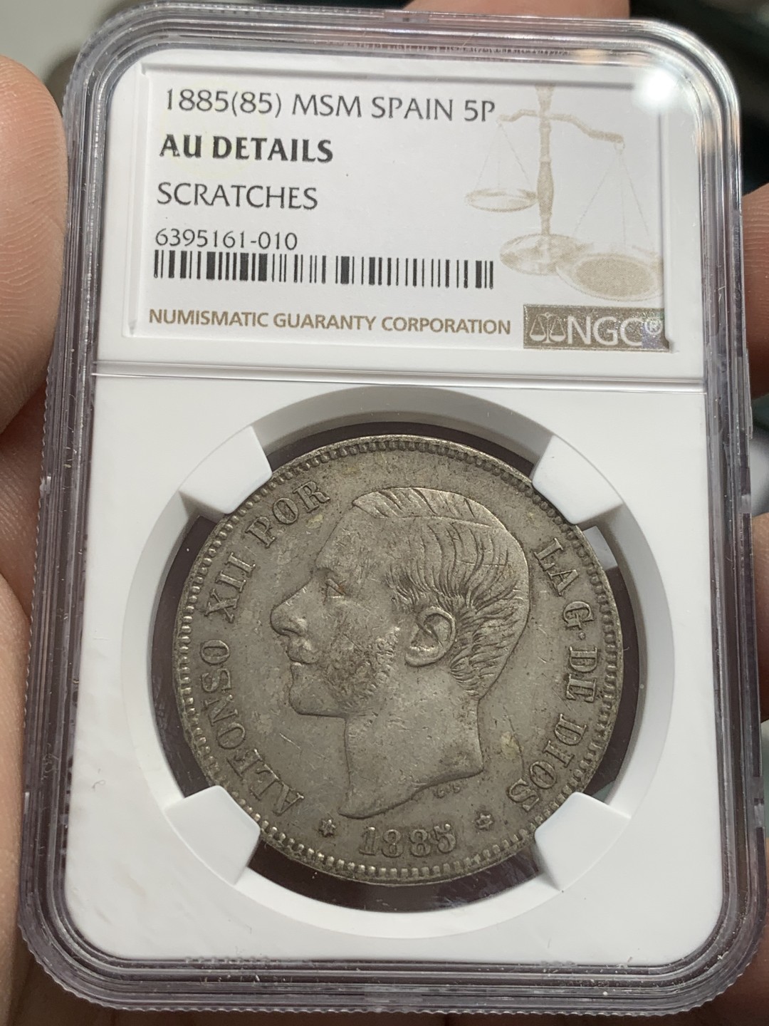 《竞宝斋》第82场-本周日，周一，周四3场拍卖（全场不限金额包邮） NGC-AU 西班牙1885年 星星85 双柱5比塞塔大银币 常见的是星星87年 这枚稀少很多