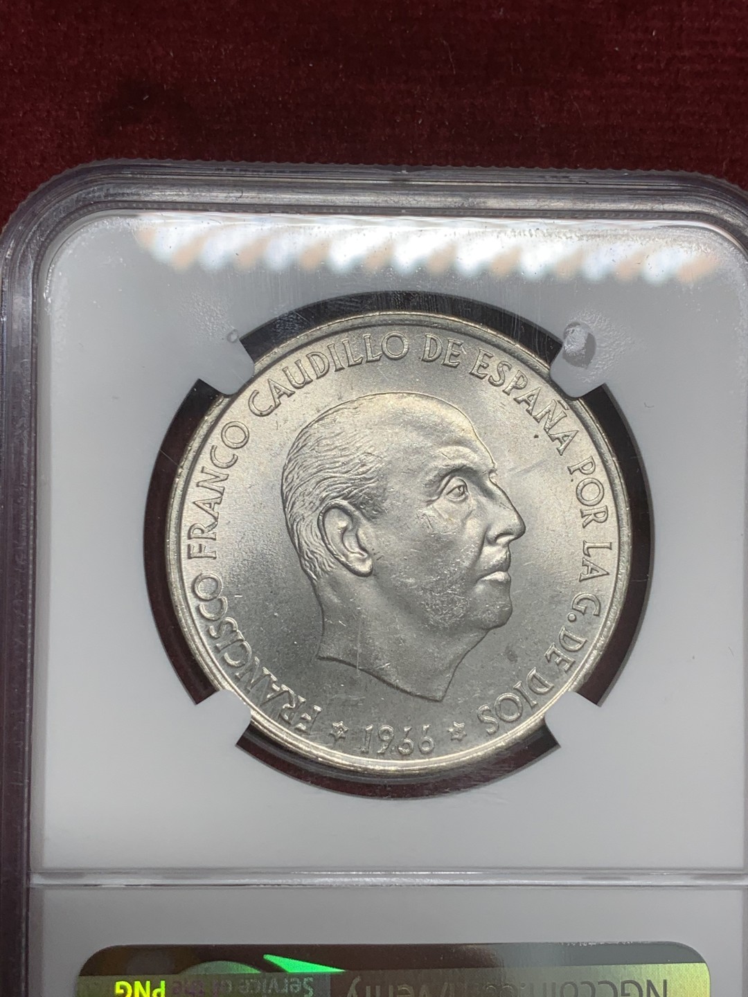 《竞宝斋》第82场-本周日，周一，周四3场拍卖（全场不限金额包邮） 第三名 NGC-MS65 西班牙 1966年佛朗哥 星星“69” 直9版 100比塞塔银币 裸币上200欧元的品种