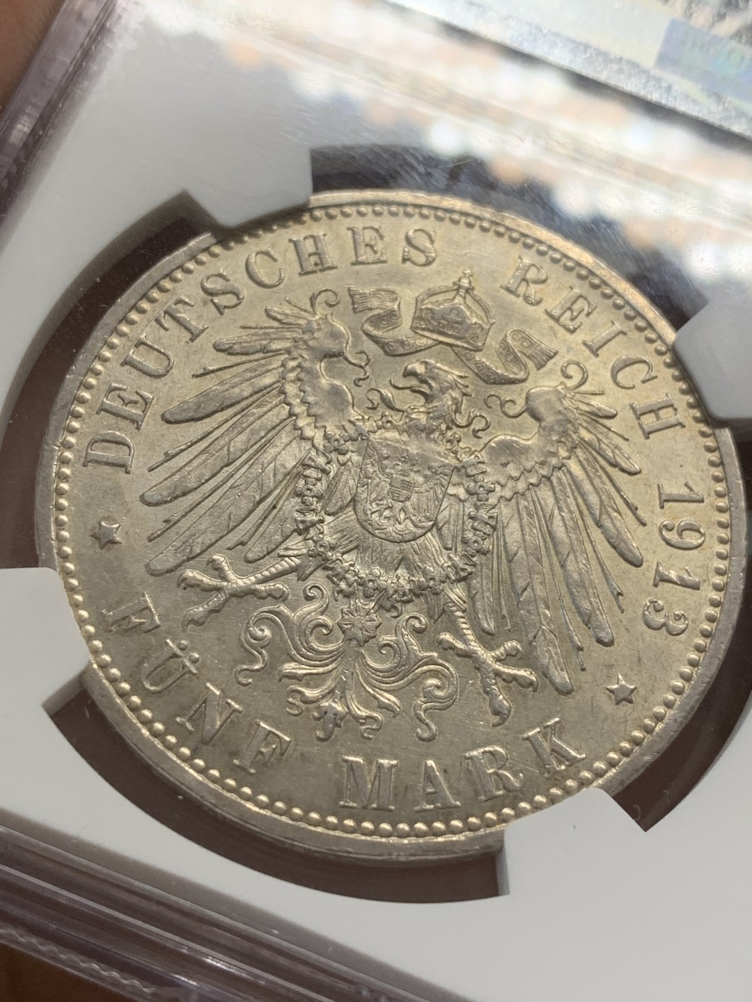 《竞宝斋》第82场-本周日，周一，周四3场拍卖（全场不限金额包邮） NGC AU-55 德国 普鲁士 威廉二世 1913年 一战前军装版  军装 5马克银币 状态不错