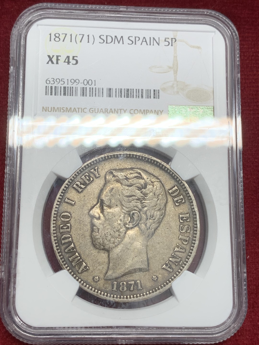 《竞宝斋》第82场-本周日，周一，周四3场拍卖（全场不限金额包邮） NGC-XF45 西班牙1871年 阿玛德欧一世 5比塞塔双柱大银币 原味老包浆 非常舒服