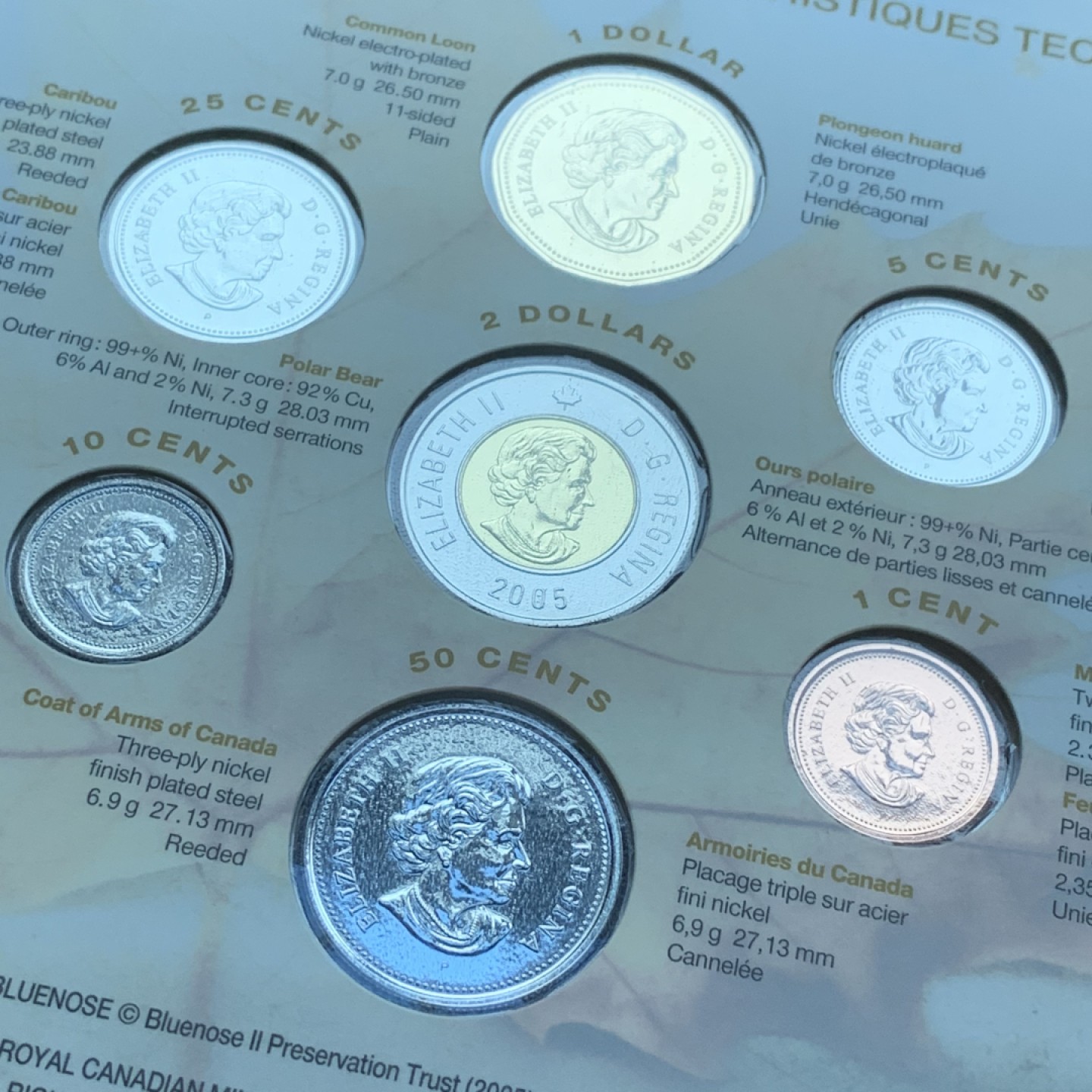 《竞宝斋》第82场-本周日，周一，周四3场拍卖（全场不限金额包邮） 卡装三套一起 加拿大 2005年 七枚装套币 最大面试2加元双色 最后一组了