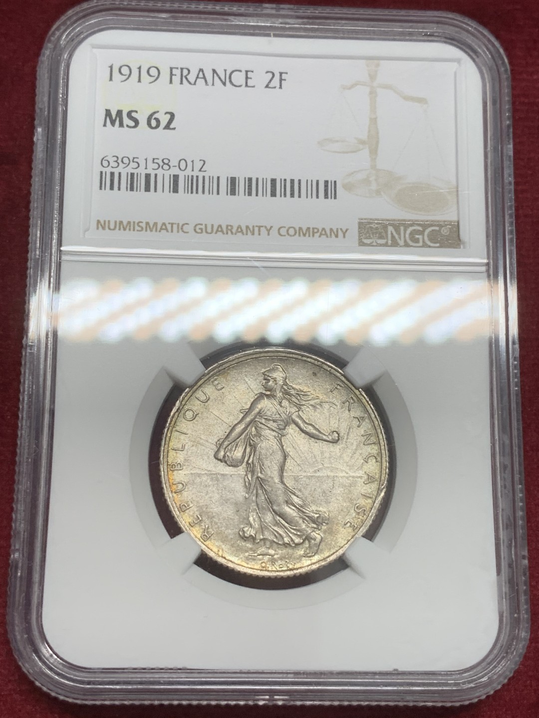 《竞宝斋》第82场-本周日，周一，周四3场拍卖（全场不限金额包邮） NGC-MS62 法国1919年 播种女神 2法郎银币 非常漂亮