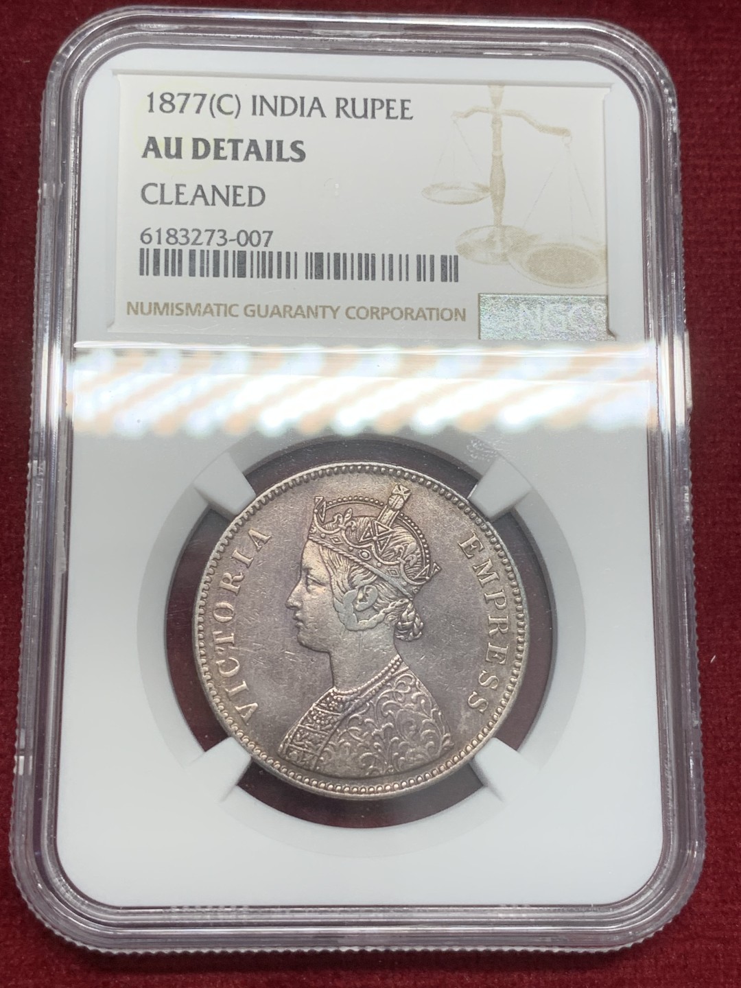 《竞宝斋》第82场-本周日，周一，周四3场拍卖（全场不限金额包邮） NGC AU评级 英属 印度 1877年 维多利亚 1卢比 银币