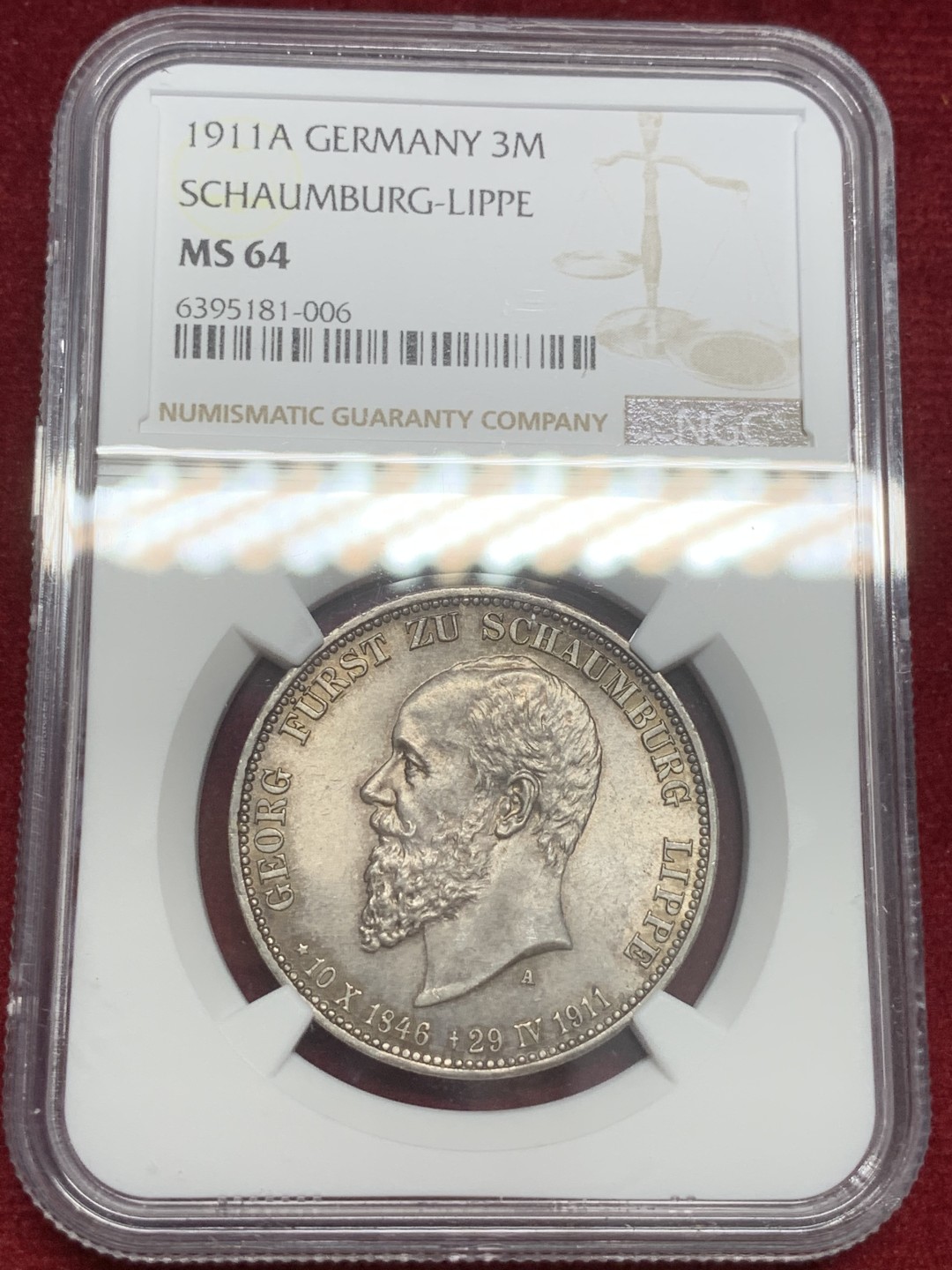 《竞宝斋》第82场-本周日，周一，周四3场拍卖（全场不限金额包邮） NGC-MS64 德国绍姆堡利珀 1911年3马克 酱彩顶级包浆银币