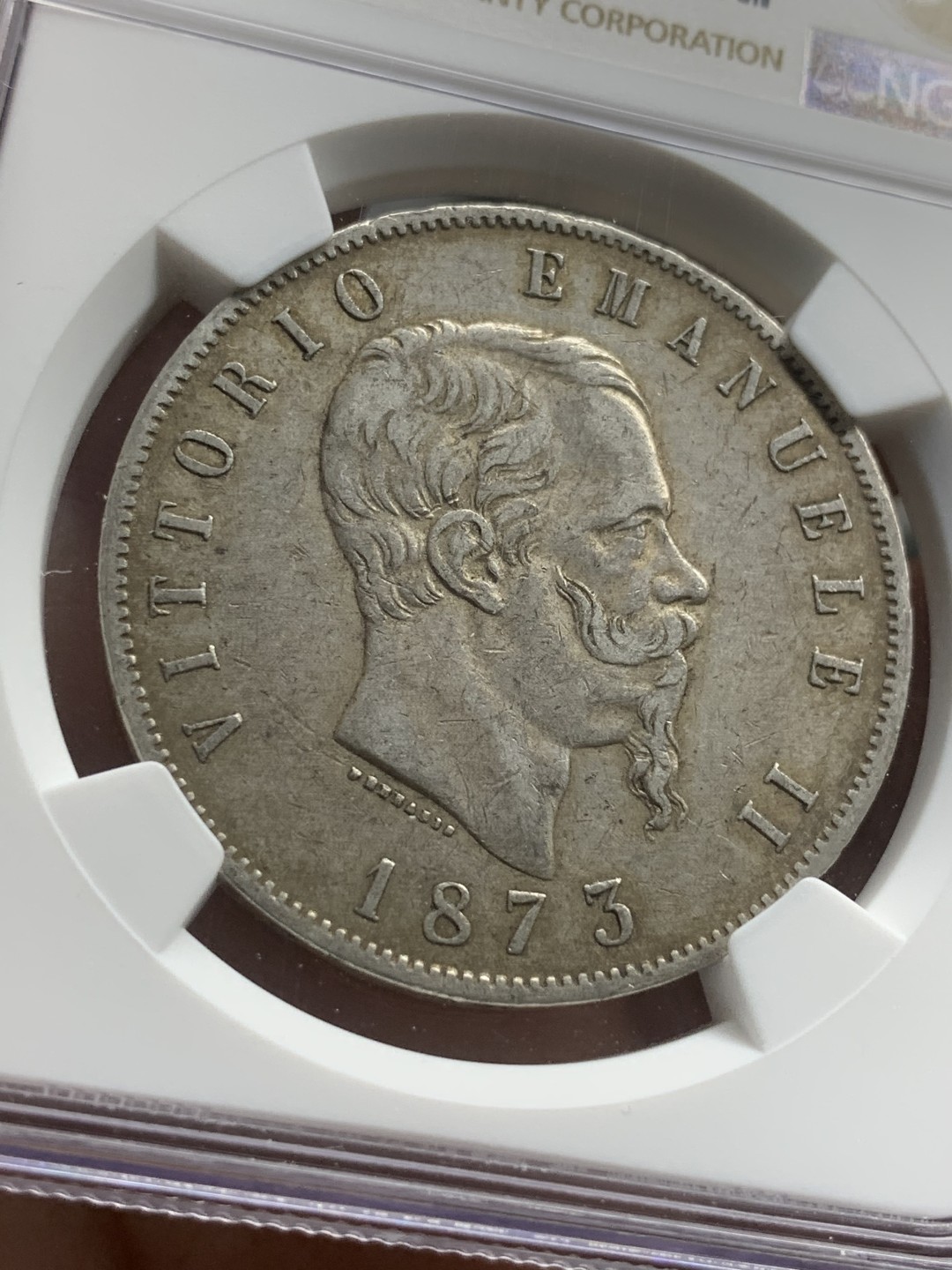 《竞宝斋》第82场-本周日，周一，周四3场拍卖（全场不限金额包邮） NGC-AU55 意大利1873-M年 艾曼纽尔二世 5里拉大银币 原味好品