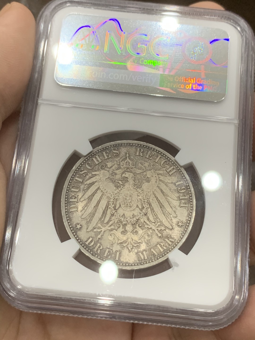 《竞宝斋》第82场-本周日，周一，周四3场拍卖（全场不限金额包邮） NGC-MS64 德国绍姆堡利珀 1911年3马克 酱彩顶级包浆银币