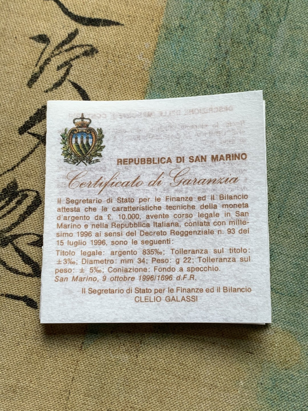 《竞宝斋》第82场-本周日，周一，周四3场拍卖（全场不限金额包邮） 原盒证书 圣马力诺1996年 纪念欧洲 10000里拉 精制大银币 22克