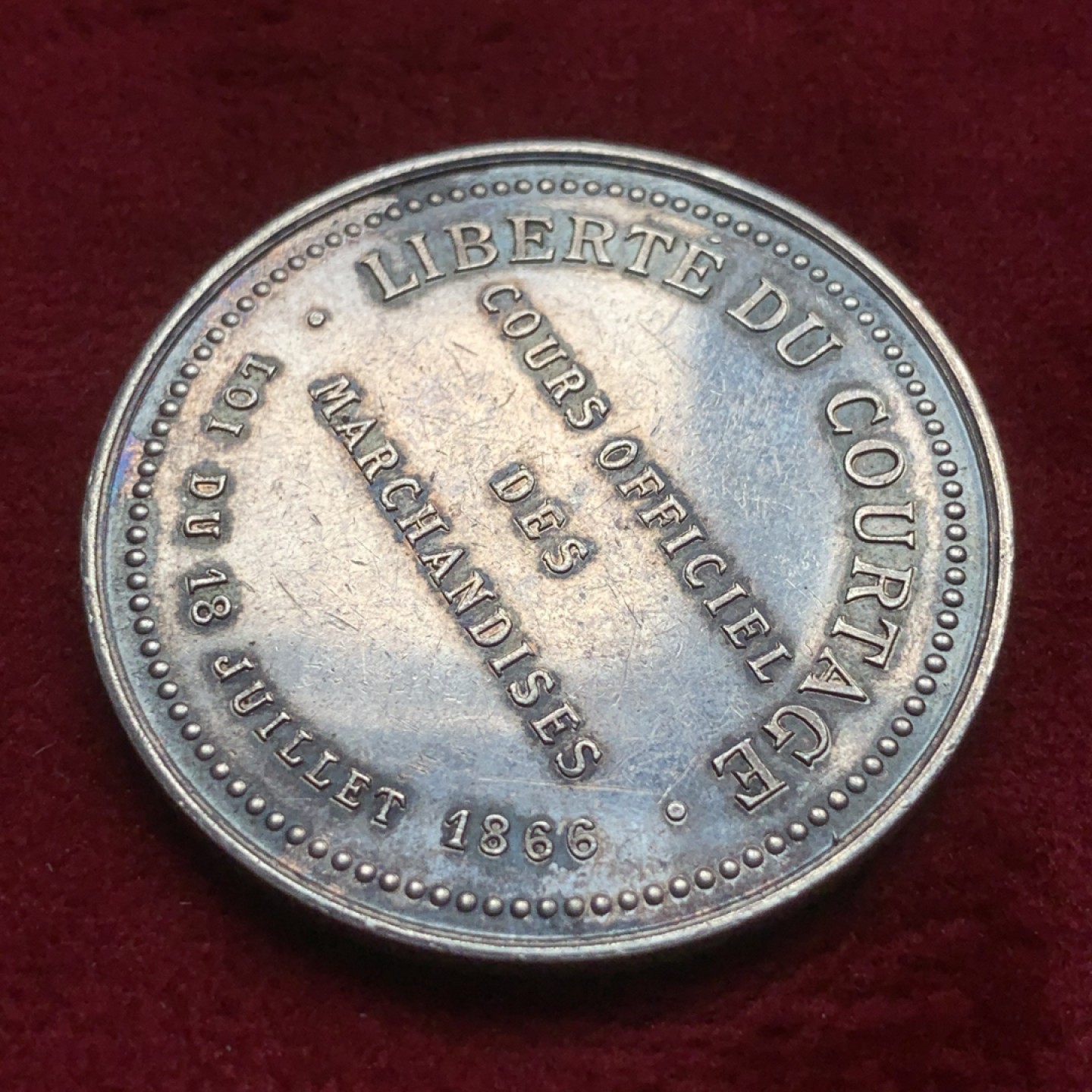 《竞宝斋》第82场-本周日，周一，周四3场拍卖（全场不限金额包邮） 法国 1866年 公平女神 JETON银质代币 淡紫色彩