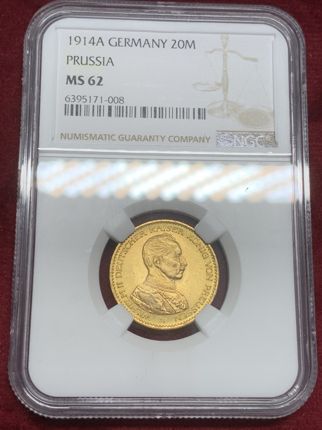 《竞宝斋》第82场-本周日，周一，周四3场拍卖（全场不限金额包邮） NGC-MS62 德国普鲁士 1914年军装威廉二世 20马克金币 非常漂亮