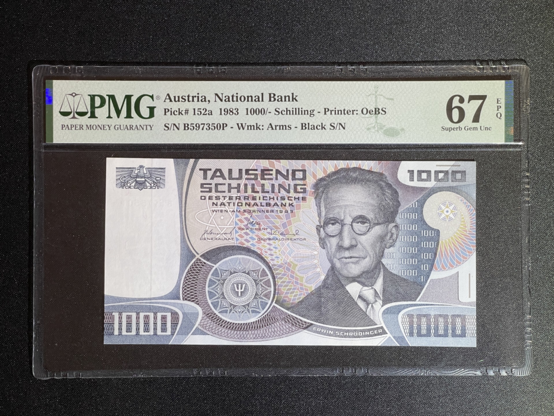 《张总收藏》67期——外币精品 奥地利1000先令 PMG67E 1983年 薛定谔