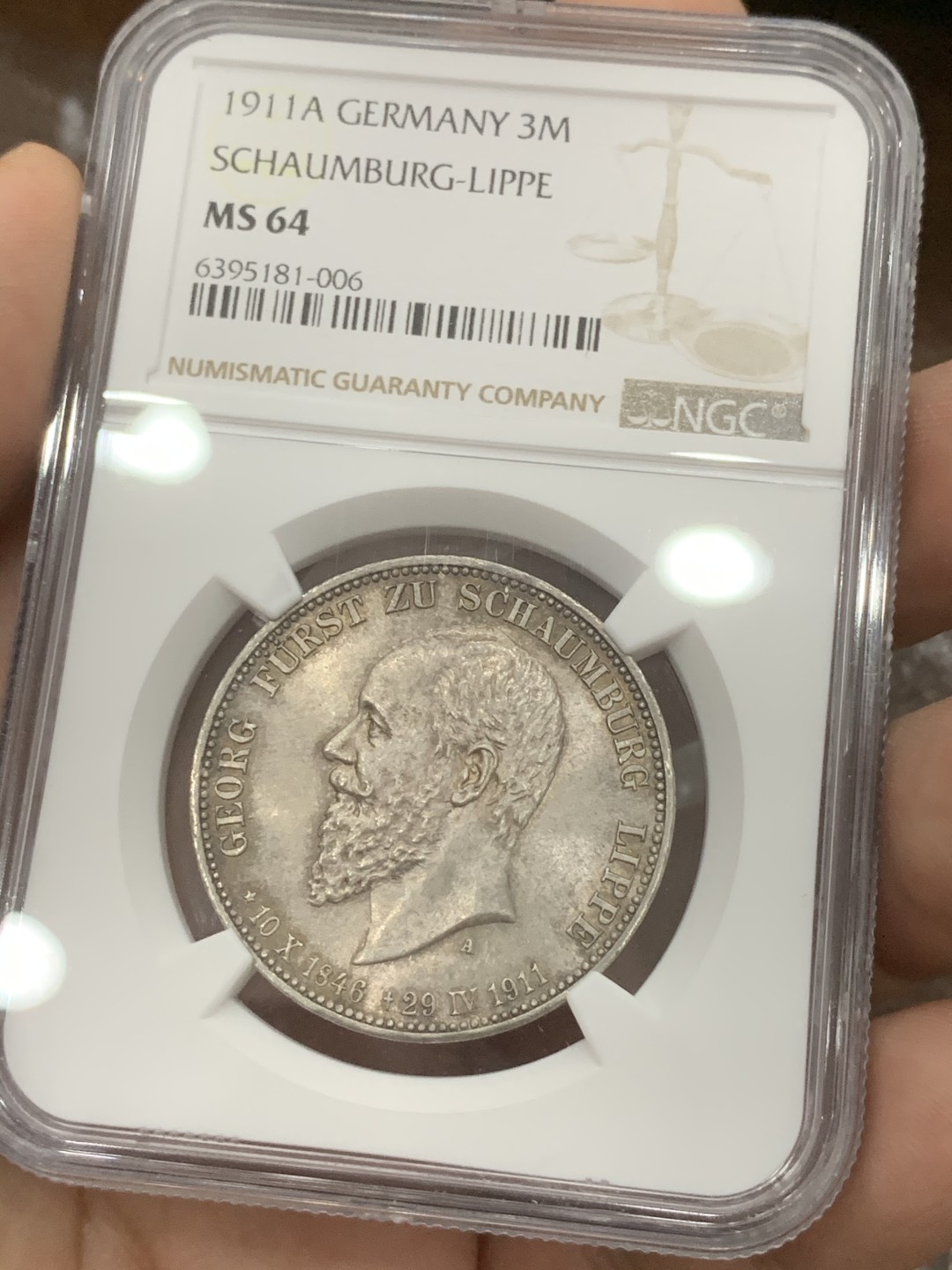 《竞宝斋》第82场-本周日，周一，周四3场拍卖（全场不限金额包邮） NGC-MS64 德国绍姆堡利珀 1911年3马克 酱彩顶级包浆银币