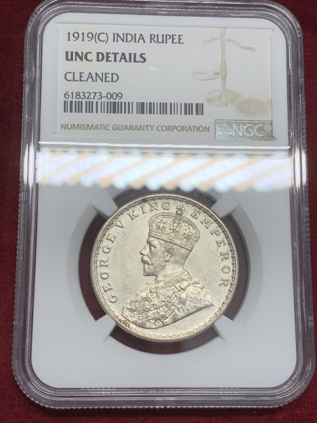 《竞宝斋》第82场-本周日，周一，周四3场拍卖（全场不限金额包邮） NGC UNC评级 英属 印度 1919年 乔五 1卢比 银币