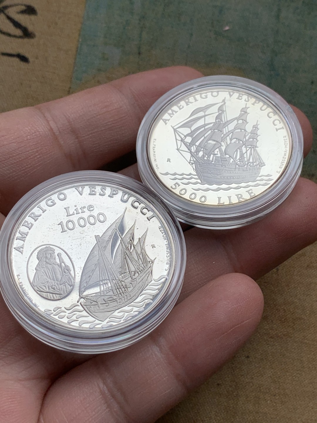 《竞宝斋》第82场-本周日，周一，周四3场拍卖（全场不限金额包邮） 原盒证书 圣马力诺1995年 大帆船 5000和10000里拉 精制银币PROOF 一对