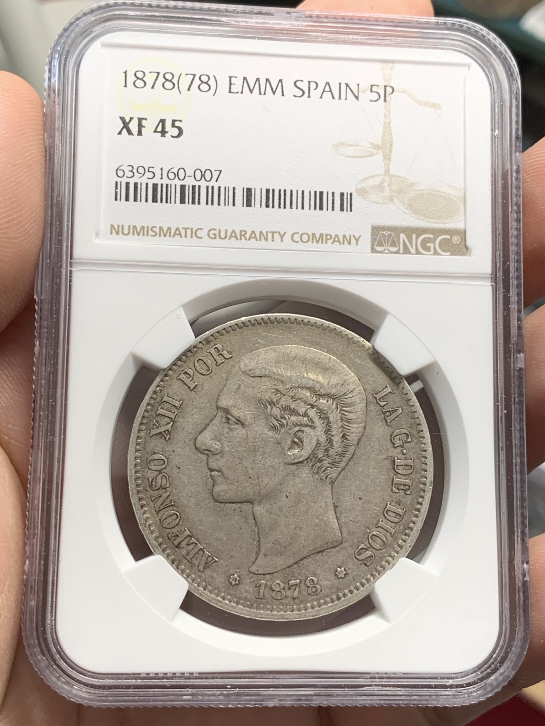 《竞宝斋》第82场-本周日，周一，周四3场拍卖（全场不限金额包邮） NGC-XF45 西班牙1878年 阿方索十二世 双柱5比塞塔大银币 原味好品 更高分的也就个位数而已