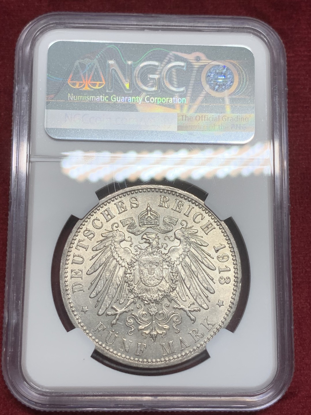 《竞宝斋》第82场-本周日，周一，周四3场拍卖（全场不限金额包邮） NGC-MS63 德国汉堡 1913年 双狮盾牌 5马克银币 顶级品相不多说了