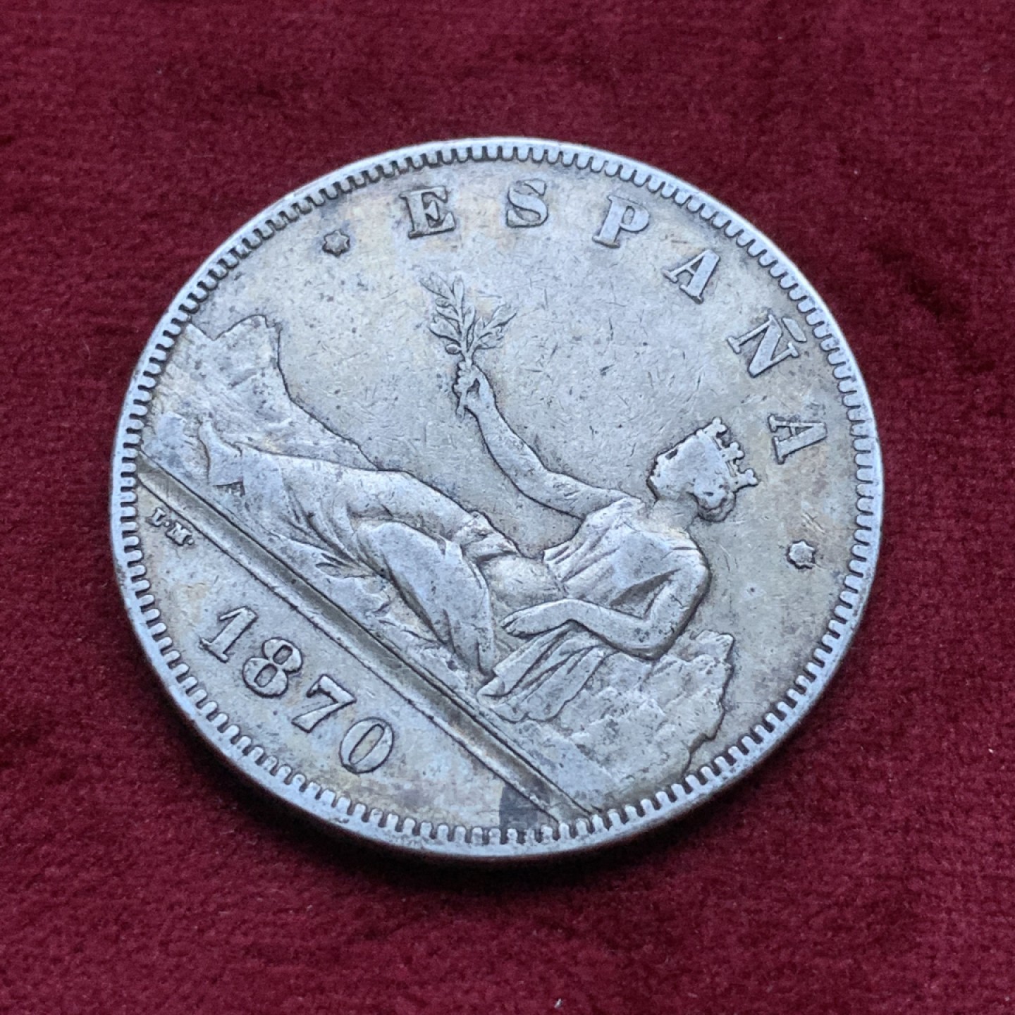 《竞宝斋》第82场-本周日，周一，周四3场拍卖（全场不限金额包邮） 西班牙 1870年 坐花双柱 5比塞塔 大银币 原味酱彩包浆 非常漂亮