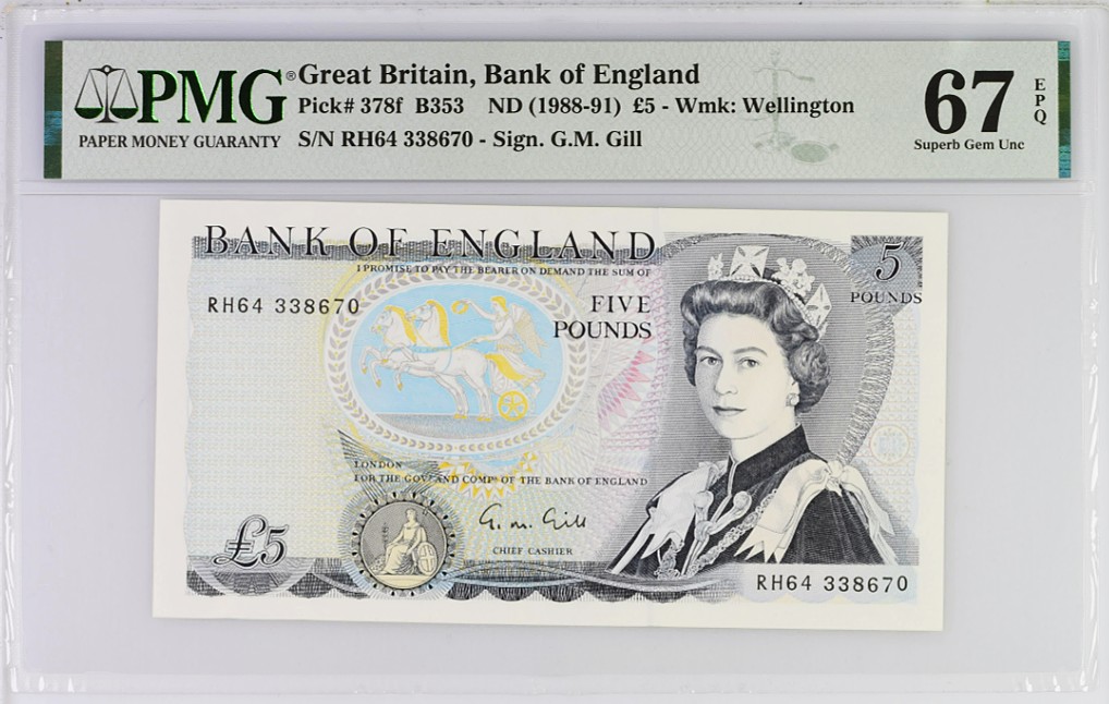 《张总收藏》67期——外币精品 英国D序列5镑PMG67E难上分品种亚军分难得 冠军仅2张 1988-91年 凑套必备