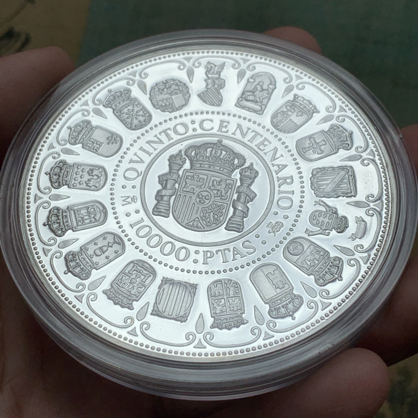 《竞宝斋》第82场-本周日，周一，周四3场拍卖（全场不限金额包邮） 原盒证书 西班牙1989年 五百周年纪念 10000比塞塔大银币 168.75克 925银