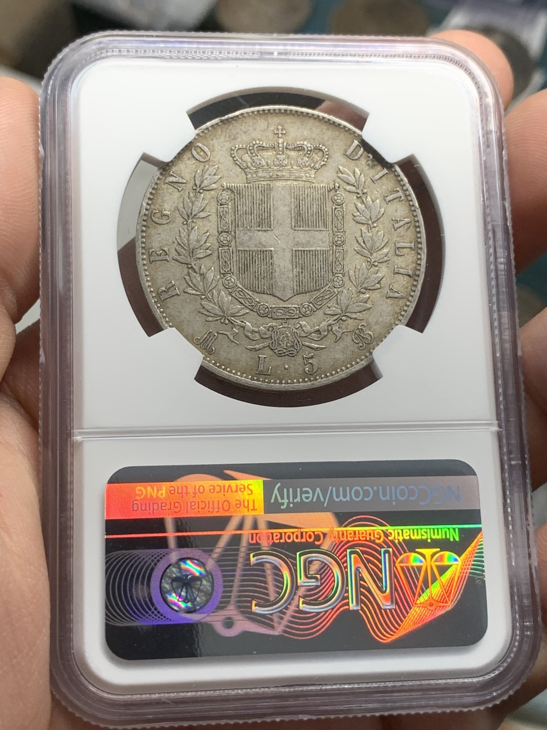 《竞宝斋》第82场-本周日，周一，周四3场拍卖（全场不限金额包邮） NGC-AU55 意大利1873-M年 艾曼纽尔二世 5里拉大银币 原味好品