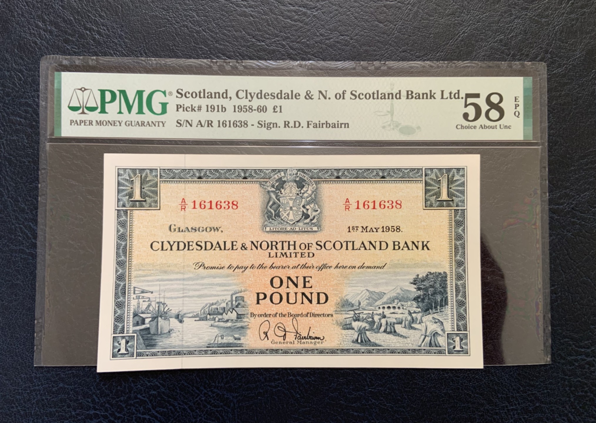 收藏联盟Quantum Auction 第182期拍卖 苏格兰1958年三行联合发行1镑 品相AU 轻微中折 pmg58e剪壳裸币